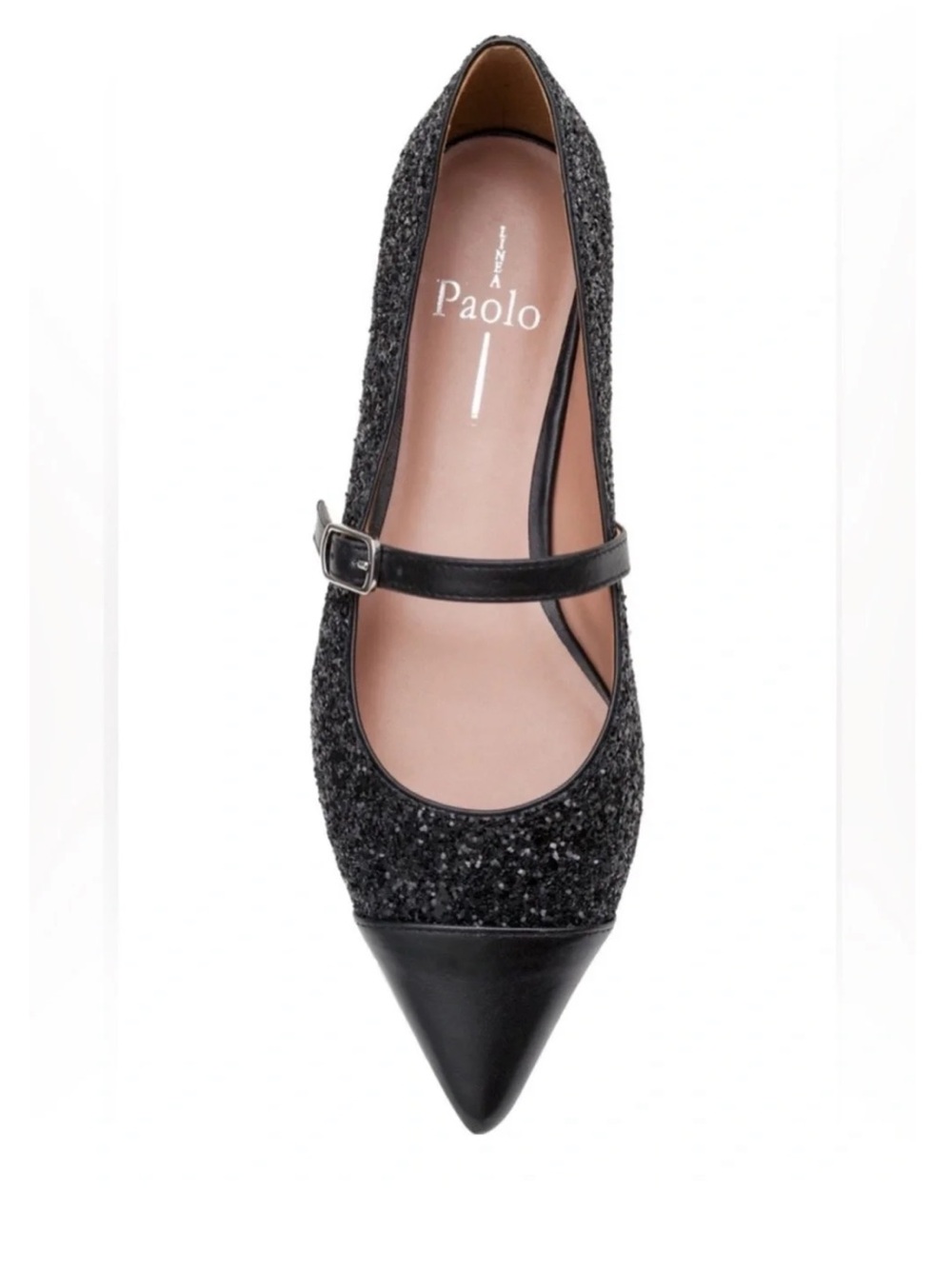 LINEA Paolo Black Glitter Pointed Mary Jane Flat with Leather Cap Toe